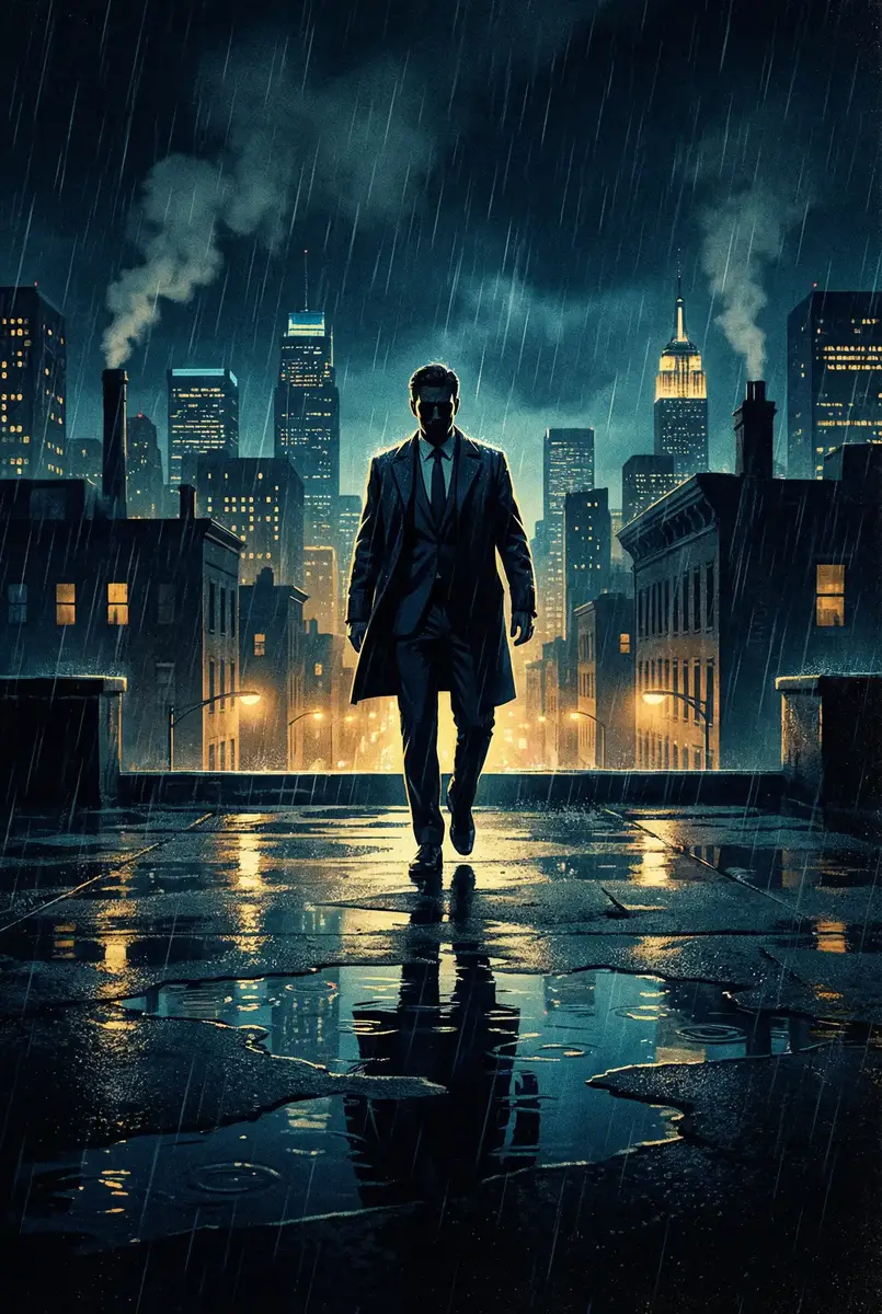 亲胸揉胸膜下刺激视频免费看 出品影片《雨夜独行者》海报，雨中城市屋顶男性剪影